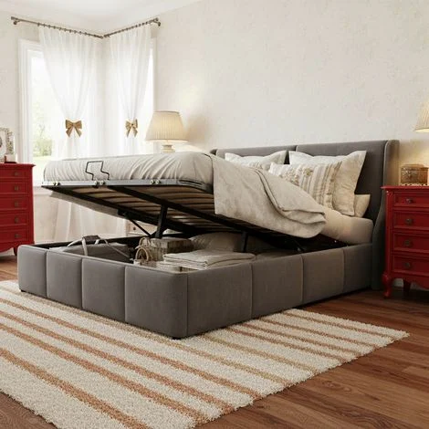 Letto matrimoniale con contenitore 140x190, letto 140x190 con rete - letto matrimoniale con contenitore - letto imbottito a 2 posti - tessuto velluto, grigio