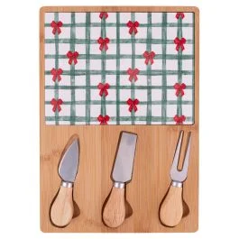 Set tagliere e 3 coltelli da formaggio, in legno di bambù e ceramica, Natale coi fiocchi