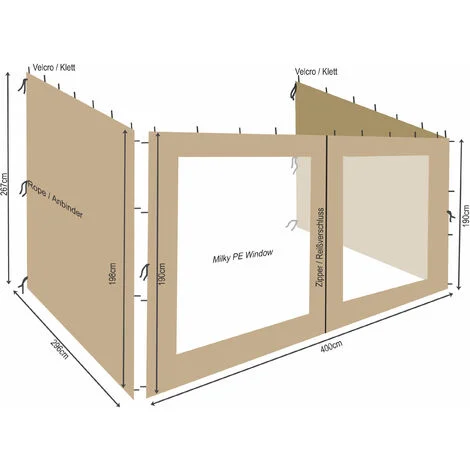 3 Seitenteile zu Rank Anbau Pavillon 3x4m Sand mit Fenster