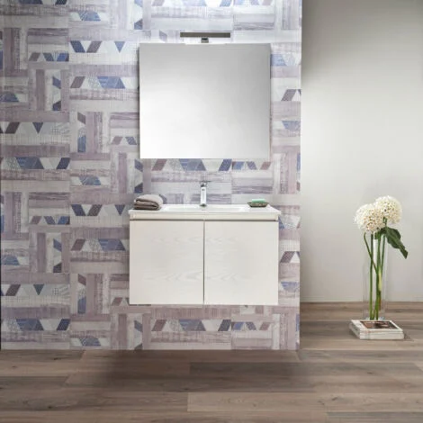 Mobile Bagno Sospeso Bianco 70 cm 2 Ante Lavabo e Specchio