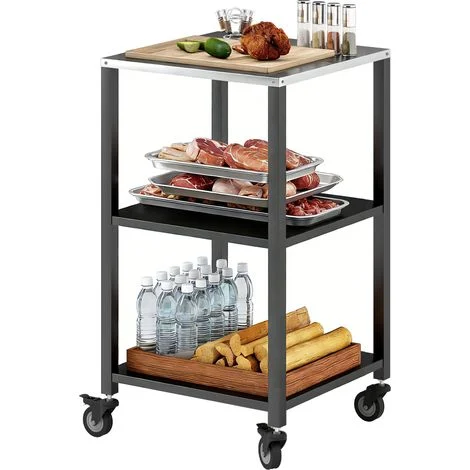Carrello BBQ 3 livelli tavolo griglia con piano di lavoro in acciaio inox ruote carrello da portata mobile 50 x 50 x 90 cm nero