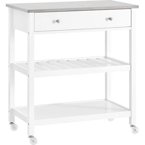 SoBuy Carrello Cucina con Ruote Isola Cucina Salvaspazio Bianca con Piano in Acciaio Inox Mobiletto Cucina con Cassetti Mobile Cucina per Dispensa, Ingresso o Giardino 81x90x45cm FKW47-II-W