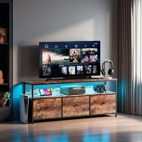 Mobile TV Polivalente - RGB-108cm - Metallo Industriale - Piano in Legno Striato - 3 Cassetti