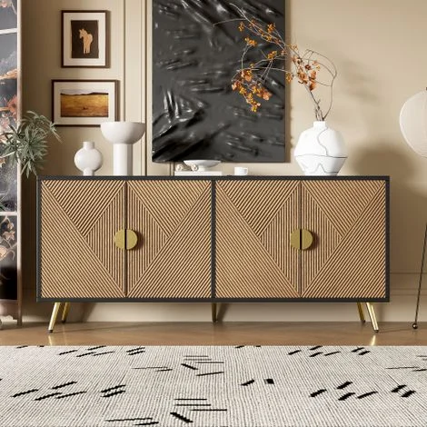 Credenza da 160 cm, quattro ante, maniglie color oro spazzolato e gambe lucide