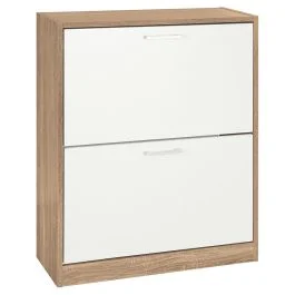Scarpiera 2 ante a ribalta 63x24xh.80 cm, bianco e rovere, Sibilla