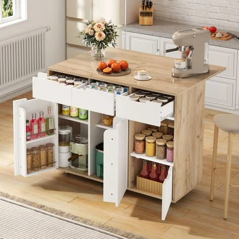 Isola Cucina 120x46-770x85 cm, Carrello Cucina con Piano Estensibile, 4 Cassetti e 2 Ante, in Legno, Bianco per Cucina
