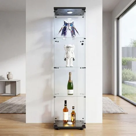 Vetrina in vetro con LED, 4 ripiani, ante in vetro temperato con serratura, dimensioni 42,5 x 36,5 x 164 cm, per oggetti da esposizione e d'arte, nera