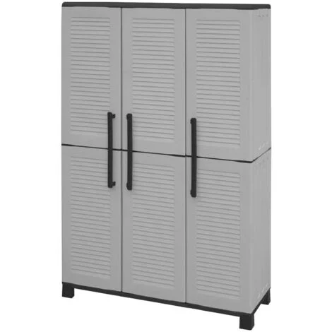 Dmora - Armadio da esterno Aruro, Mobile porta scope, Armadietto da esterno 3 ante, 100% Made in Italy, 102x37h169 cm, Grigio chiaro e Nero, Finitura righe
