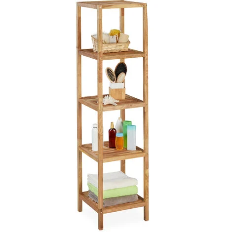 Relaxdays Scaffale da Bagno in Legno di Noce, HLP: 145 x 36 x 36 cm, 5 Ripiani, Mobiletto Salvaspazio Cucina, Naturale