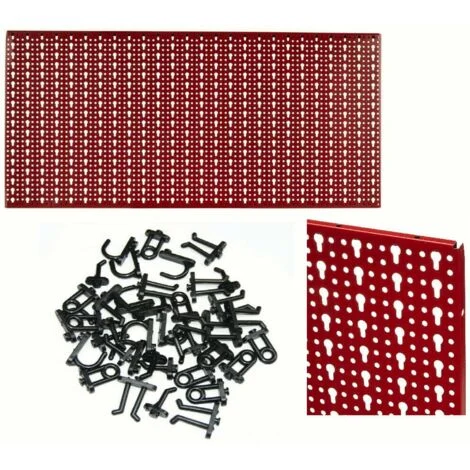 KIT PANNELLO FORATO PORTA ATTREZZI UTENSILI LAVORO MURO PARETE ROSSO GANCI MISTI