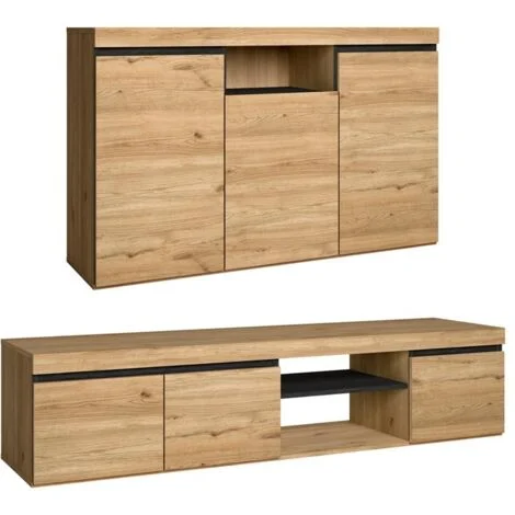 Skraut Home - Set Naturale soggiorno sala da pranzo, mobili ausiliari, buffet mobile-tv 160cm rovere nordico nero