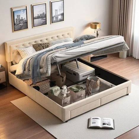 Letto matrimoniale 160x200 - Cassettone idraulico - Velluto beige - Cassetto di stoccaggio - 2 posti