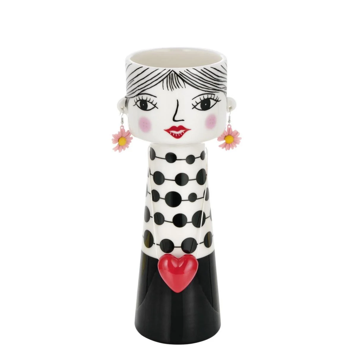 Vaso Ceramica Girl Abito Pois con Orecchini e Cuore cm.17,5