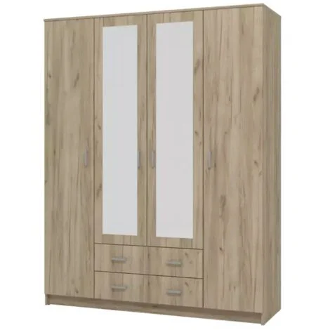 armadio 4 ante battenti "praga" con specchi e 2 cassetti effetto quercia 160x52x205 cm