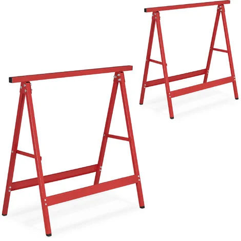 Relaxdays Set da 2 Cavalletti da Lavoro, HLP: 75x78x40 cm, Carico Max. 100kg, Pieghevoli, da Officina, in Acciaio, Rosso