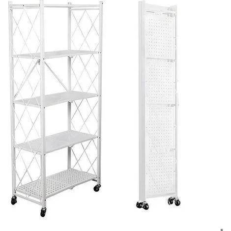 SEVEN COMFORT Scaffale di stoccaggio pieghevole a 5 piani in metallo con ruote - 100 kg - Per cucina, bagno, soggiorno, Bianco