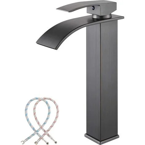 Rubinetto miscelatore moderno a cascata per lavabo da bagno, colore grigio, con beccuccio, altezza 232 mm, forma quadrata, per acqua calda e fredda, disponibile con attacco da 3/8".
