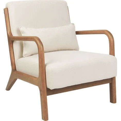 Poltrona classica retrò con braccioli e cuscino Gambe in legno di gomma Tessuto beige chiaro Skovde