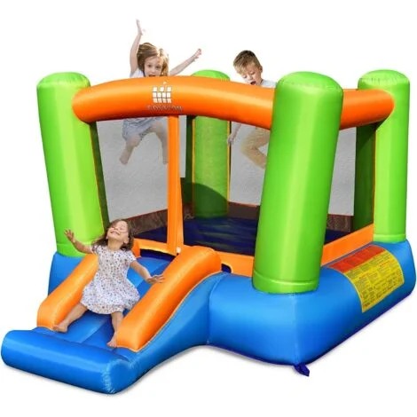 COSTWAY Castello Gonfiabile Per Bambini, Casa Gonfiabile con Grande Area per Saltare e Scivolo, Con Borsa di Trasporto e Kit Riparazione, Ideale Per 3 Bambini 3-10 Anni (Senza soffiatore)