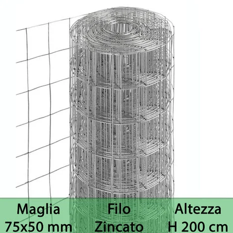 1RT RETE PER RECINZIONE ZINCATAALTEZZA H 200 CMMAGLIA ELETTROSALDATA 75X50 MMFILO Ø 1,7 MMLUGHEZZA ROTOLO DA 25 MT PER RECINZIONE GRIGIO