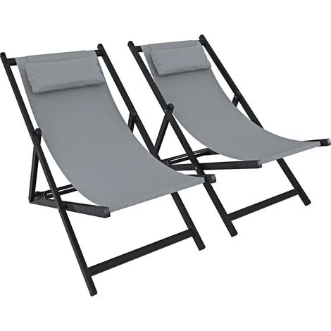 Set di 2 Sedie Sdraio Leggera Da Giardino Schienale Regolabile 5 Posizioni Pieghevole Ergonomica Con Cuscino Traspirante Struttura Nera In Alluminio Da Esterno Piscina Mare Portata 160 Kg (Grigio)