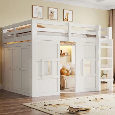 Letto a soppalco in MDF bianco, 140x200 cm, con armadio integrato, 2 finestre, illuminazione a LED e rete a doghe.