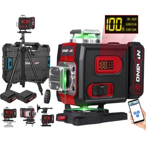 Livella laser verde autolivellante, treppiede regolabile da 100 cm, portata di lavoro 25 m, rotazione a 360° in 4 direzioni, con display LCD, per lavori edili in interni
