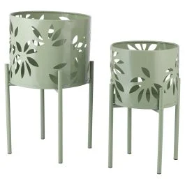 Set 2 porta vasi 20x36 cm e 25 x43 cm in ferro con piedistallo, verde, Esté