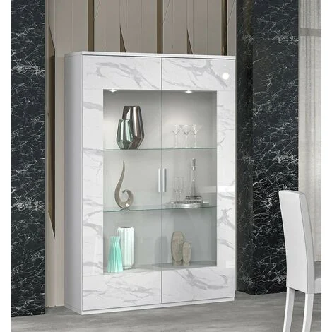 Vetrina laccato bianco effetto marmo 2 ante vetro L. 121 cm - Dream