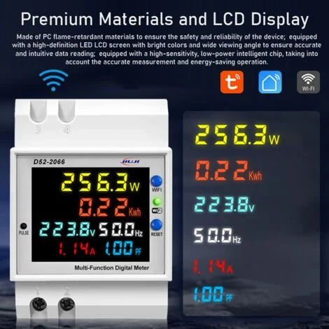 Tuya WiFi Home Smart Electricity Meter con display digitale che mostra tensione, corrente, fattore di potenza e frequenza, controllabile tramite l'app Tuya.