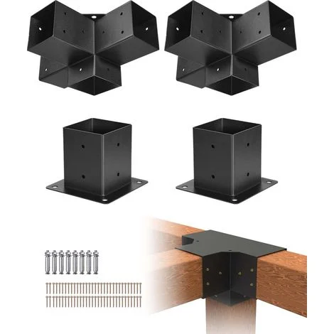 VEVOR Kit di Staffe per Pergolato, ca. 152 x 152 mm Adatto per Interna 92 x 92 mm, 2 Pezzi Staffe Angolari a 4 Vie, Kit Base per Pali in Legno, per Gazebo, Pergolati da Giardino, Baita in Tronchi