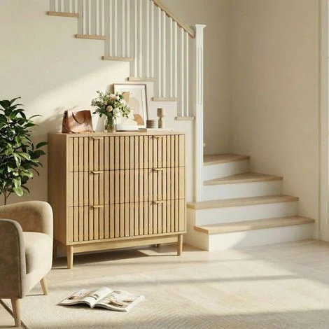 Cassettiera stile Mid-Century Modern 80 cm – credenza bassa colore rovere con 3 grandi cassetti scanalati, mobile contenitore con gambe in legno massello per camera da letto e soggiorno