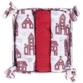 Set 3 strofinacci natalizi in cotone con cestino, XMas