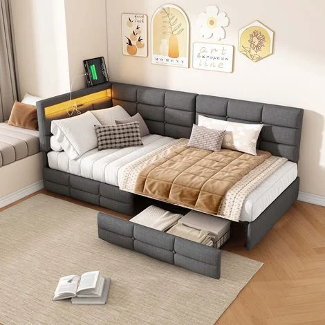 Letto singolo 90x200 cm - letto con cassetto 90x200 cm - divano letto 90x200 cm con 2 cassetti - porta USB - testiera a L - letto per bambini 90x200 cm - Grigio