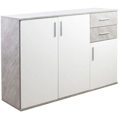 Cassettiera Mobile Armadietto 3 Porte 2 Cassetti Design Moderno Cemento e Bianco