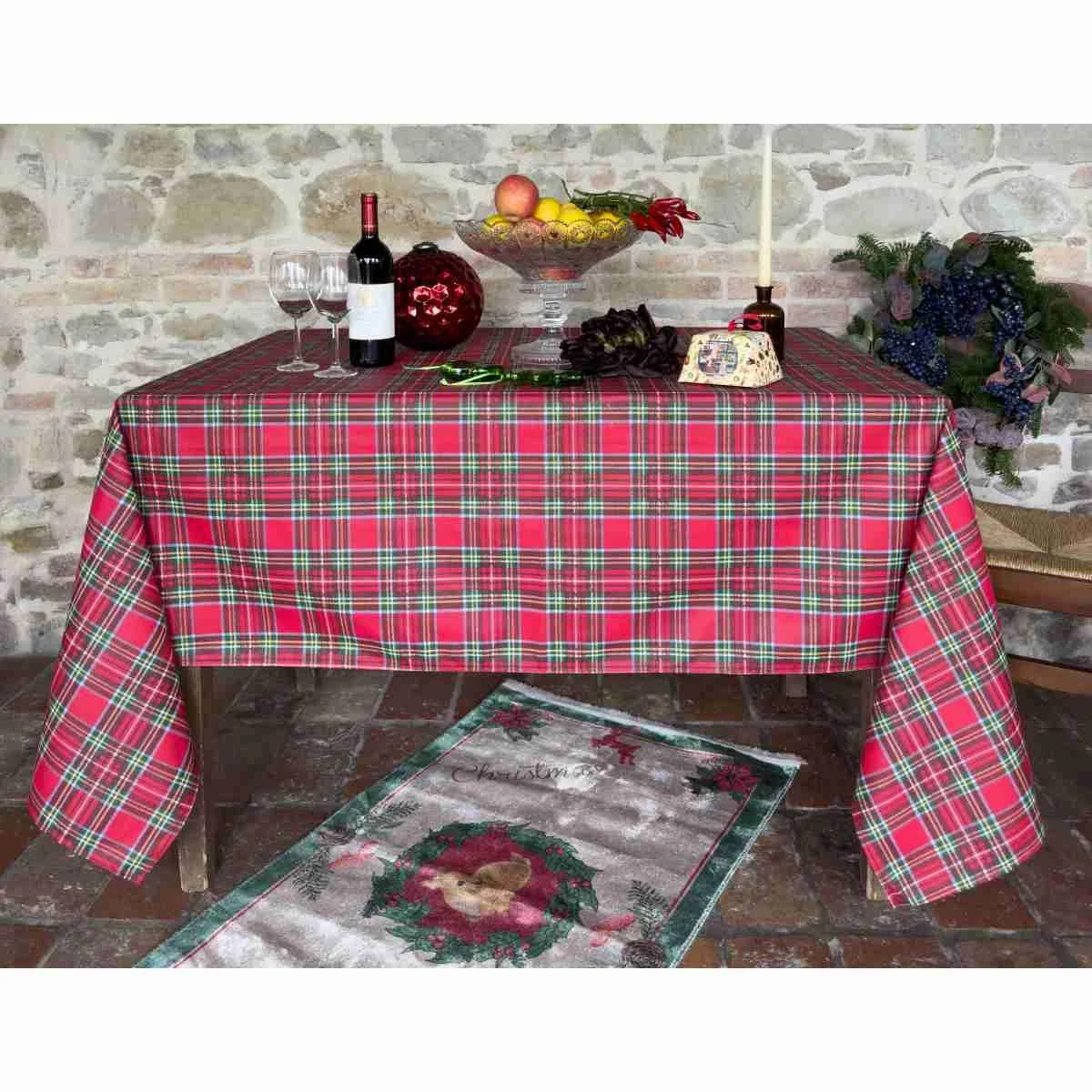 Tovaglia Natalizia cm.135x360 Resinata Fantasia Tartan Disponibile 3 Colori -162 Verde