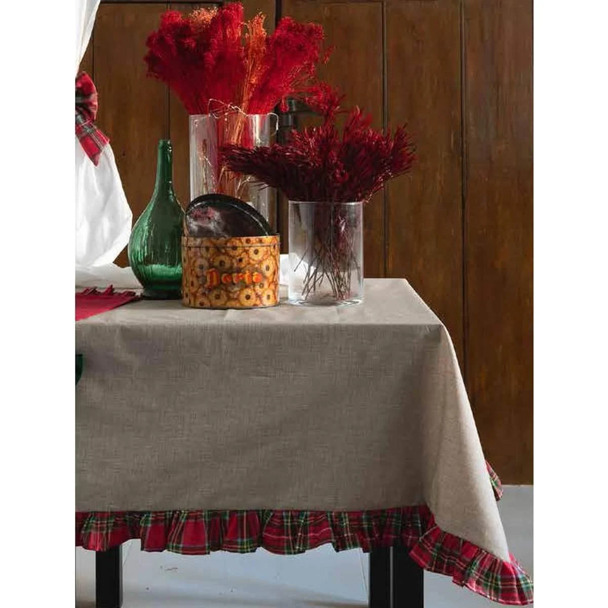 Tovaglia Natalizia cm.155x360 Resinata Fantasia Tartan con Voila Disponibile 2 Colori -661 Rosso