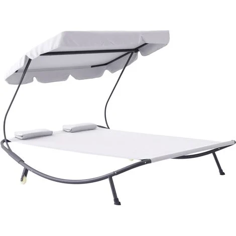 Lettino Matrimoniale 2 Posti Parasole Regolabile da Esterno e Giardino 200x175 x134cm Crema