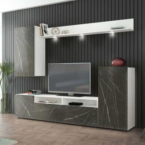 Parete attrezzata soggiorno mobile porta tv 210x36.5x170 cm di colore Bianco e Rovere chiaro mod. Bridge