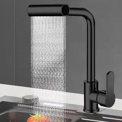 Rubinetto da cucina Crezuo con cascata estensibile, miscelatore girevole a 360°, doccetta estraibile, 4 tipi di getto, acqua calda e fredda (nero)-Crezuo