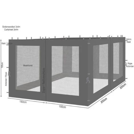 4 Seitenteile mit Moskitonetz für Rank Pavillon 3x4m Seitenwand Anthrazit RAL 7012