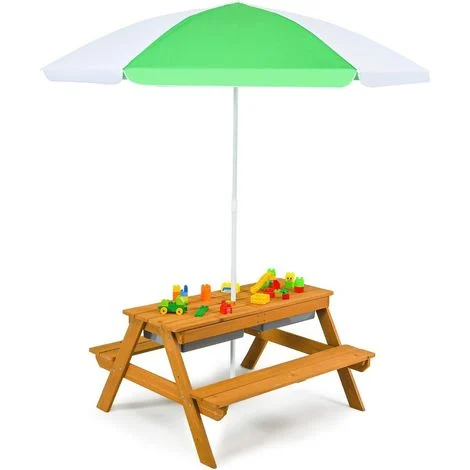 Tavolo da picnic allaperto 3 in 1 tavolo con acqua e sabbia con scatole da gioco e ombrellone colore naturale e bianco