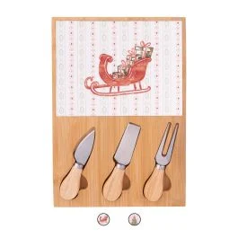 Set tagliere e 3 coltelli da formaggio, in legno di bambù e ceramica, Xmas Cottage