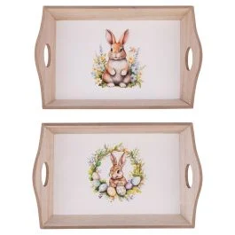 Mini vassoio in legno doppia impugnatura, decoro con coniglietti e uova 23,5x15x4,5, I pasqualini