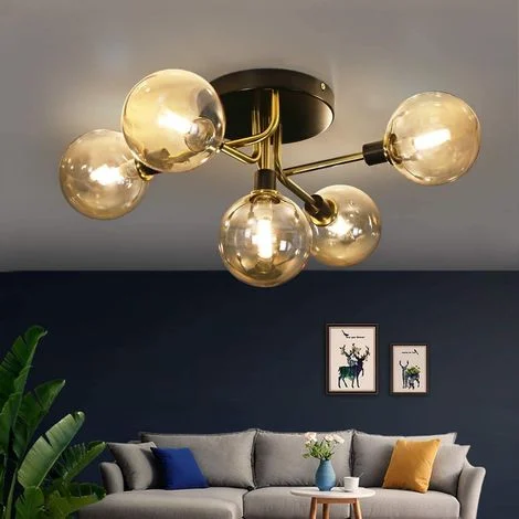 GBLY Plafoniera soggiorno con sfere di vetro a 5 fiamme Plafoniera con attacco G9 in fumo ambrato camera da letto lampada da interni lampada a corona lampada da sala da pranzo per bambini (senza lampa