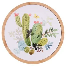 Mattonella decorativa in ceramica e bambù Ø20cm, decoro cactus, Tropical