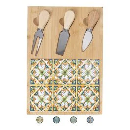 Set tagliere e 3 coltelli da formaggio, in legno di bambù, 21,5x30,5cm, Sibilla