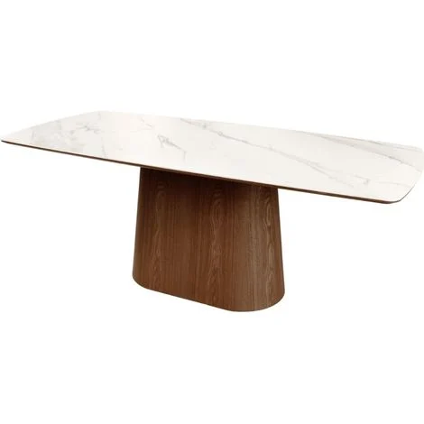 Tavolo rettangolare LUMEA – 200 cm – Piano in ceramica effetto marmo bianco e piede in legno scuro – Stile contemporaneo