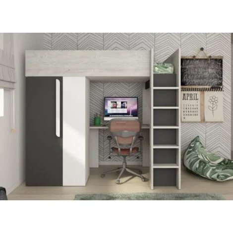 Letto a soppalco 205x183 cmcon armadio e scrivania nero grafite, bianco opaco e rovere - Armenia