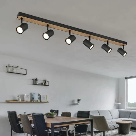 Faretto da soffitto faretto da soffitto spot nero Striscia spot 6 fiamme, effetto legno MDF scandinavo, 6 prese GU10, LxLxA 115x6x13,5cm